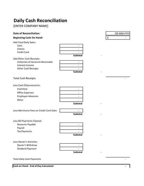 end of day cash register report template free